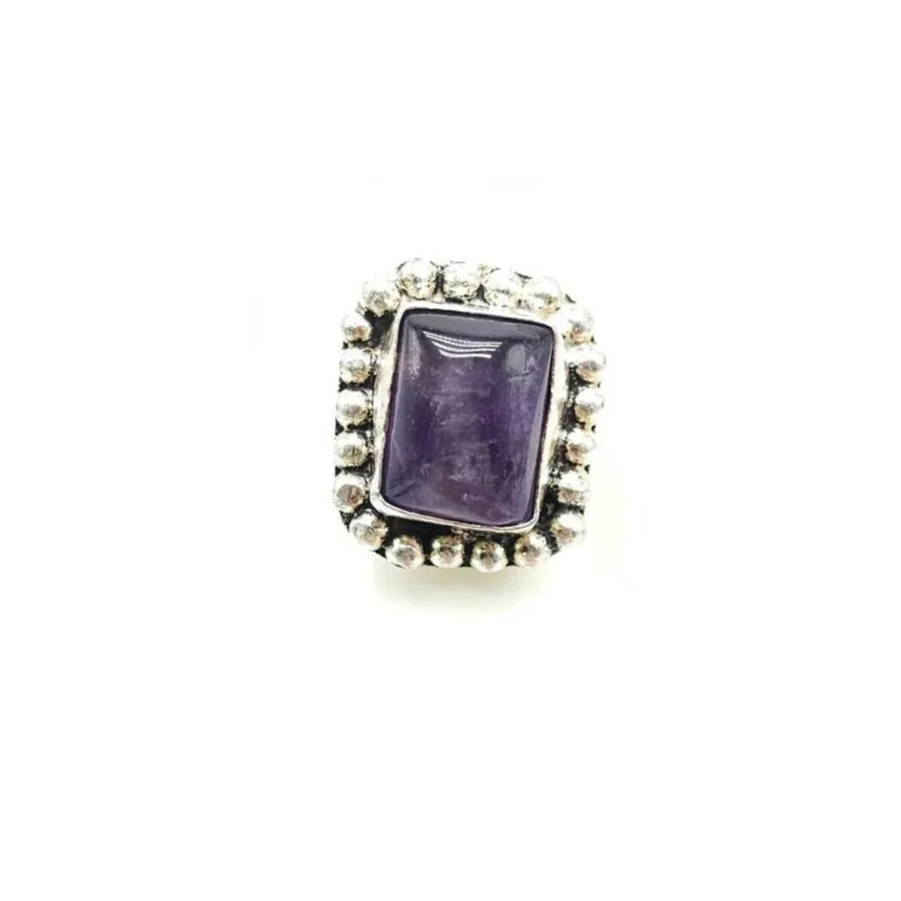 Silver Plated Purple Square Amethyst Gemstone Ring Vintage Size 8